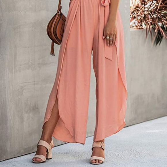 ⭐ HP ⭐ Blush Pink Split Wide Leg Spaghetti Strap Chiffon Cute Trendy Jumpsuit - Picture 7 of 10